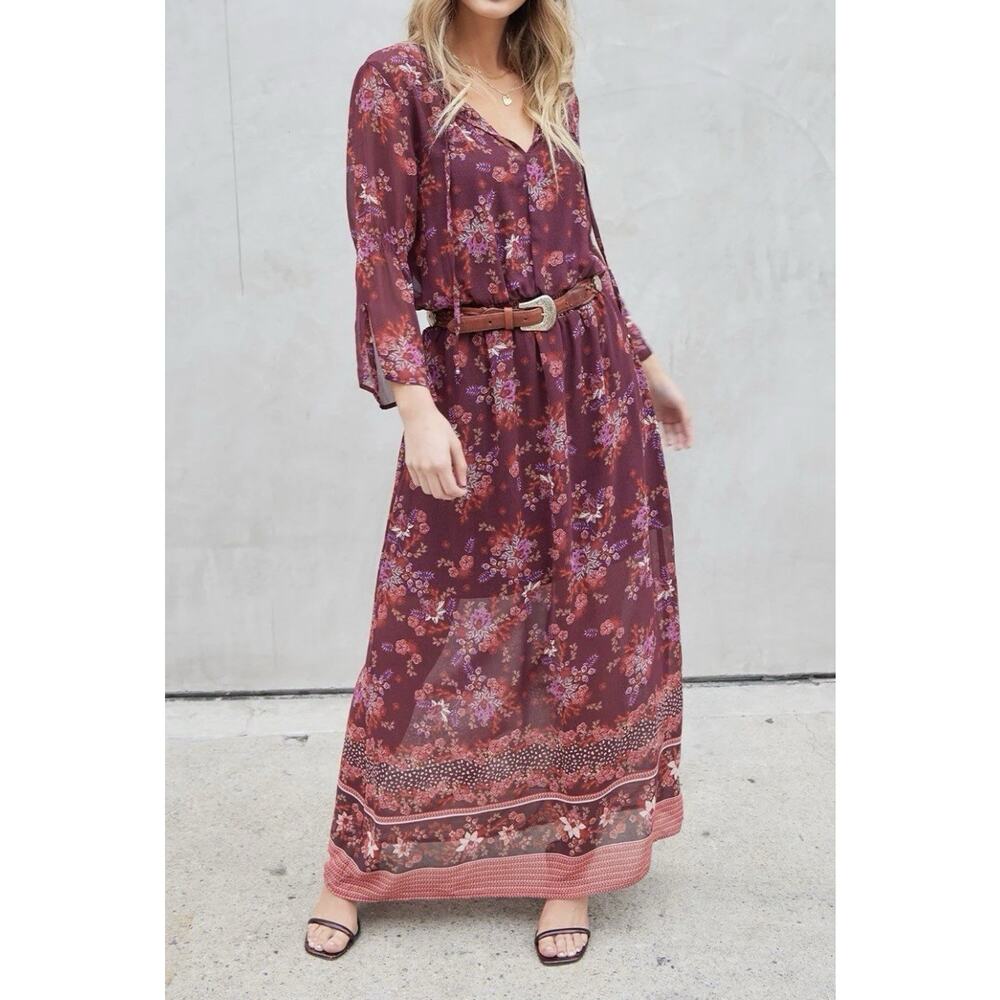 NWT Lovestitch Womens Boho Maxi Dress Small Romantic Feminine Floral Bell Sleeve